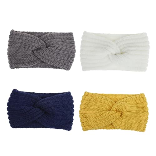 ELAYARD 4 Stück Teiliges Gestricktes Knot Stirnband Elastisch Atmungsaktiv Damen Haarband Winter Ohrwärmer in Weiß Gelb Blau für Sportliche und Looks von ELAYARD