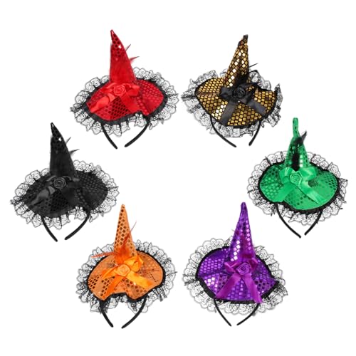 ELAYARD 6 Stück Teiliges Halloween Stirnband mit Spitzen und Pailletten Hexenhut Haarreif in Rot Grün Schwarz Gold Violett Orange Party Kopfschmuck für Kostüm Bühnenauftritt und von ELAYARD