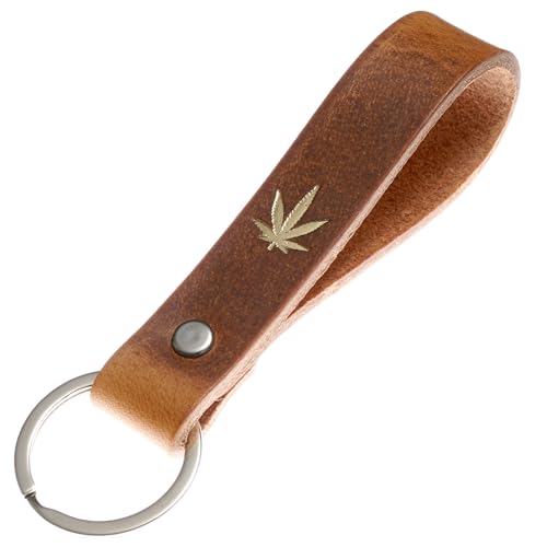 ELBERCRAFT® Schlüsselanhänger Leder Cannabisblatt der Schlüssel Organizer für deine Schlüsseltasche keychain made in Germany braun Gravur gold von ELBERCRAFT