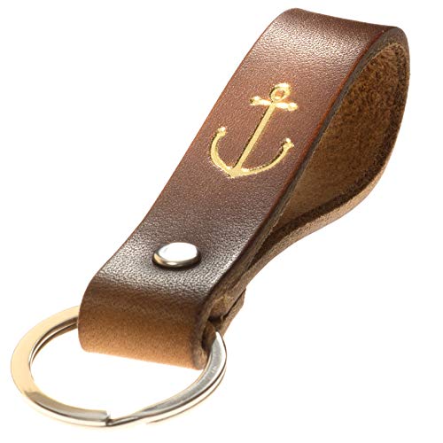 ELBERCRAFT Schlüsselanhänger Leder ANKER Geschenk für Frauen oder Männer pflanzlich gegerbt braun mit gravur gold 12 cm made in Germany Leather Keychain von ELBERCRAFT