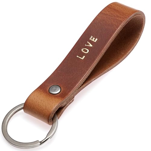 ELBERCRAFT® Schlüsselanhänger Leder LOVE Geschenk für Frauen oder Männer pflanzlich gegerbt braun mit gravur gold 12 cm made in Germany Leather Keychain von ELBERCRAFT