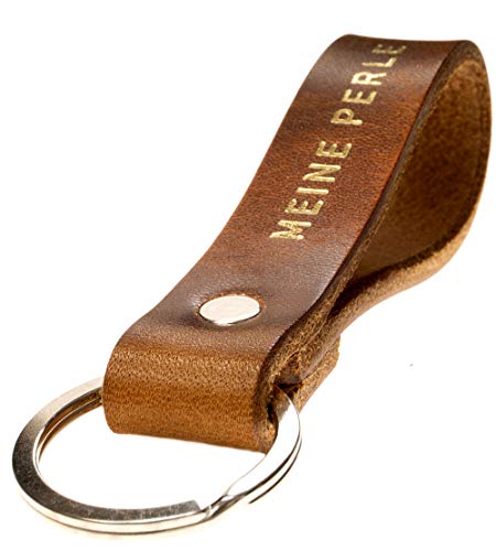ELBERCRAFT® Schlüsselanhänger Leder MEINE PERLE Geschenk für Frauen oder Männer pflanzlich gegerbt braun mit gravur gold 12 cm made in Germany Leather Keychain von ELBERCRAFT