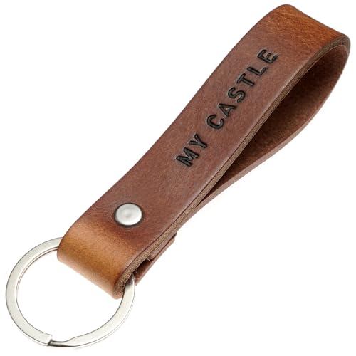 ELBERCRAFT® Schlüsselanhänger Leder MY CASTLE Geschenk für Frauen oder Männer pflanzlich gegerbt braun mit gravur gold 12 cm made in Germany Leather Keychain von ELBERCRAFT