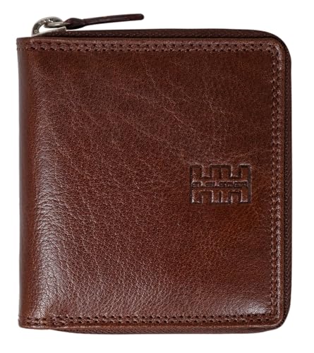 ELBLEDER kleine Slim Wallet Reißverschluss Geldbörse Leder Braun RFID-Schutz mit Münzfach, Echtleder Mini Geldbeutel Carré für Damen & Herren, Portemonnaie mit 6 Kartenfächer von ELBLEDER