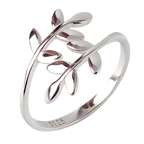 ELBLUVF Damen-Ring aus 925er Silber, mit Lorbeer-Olivenblatt, verstellbar, Größe wählbar, Sterling Silber von ELBLUVF