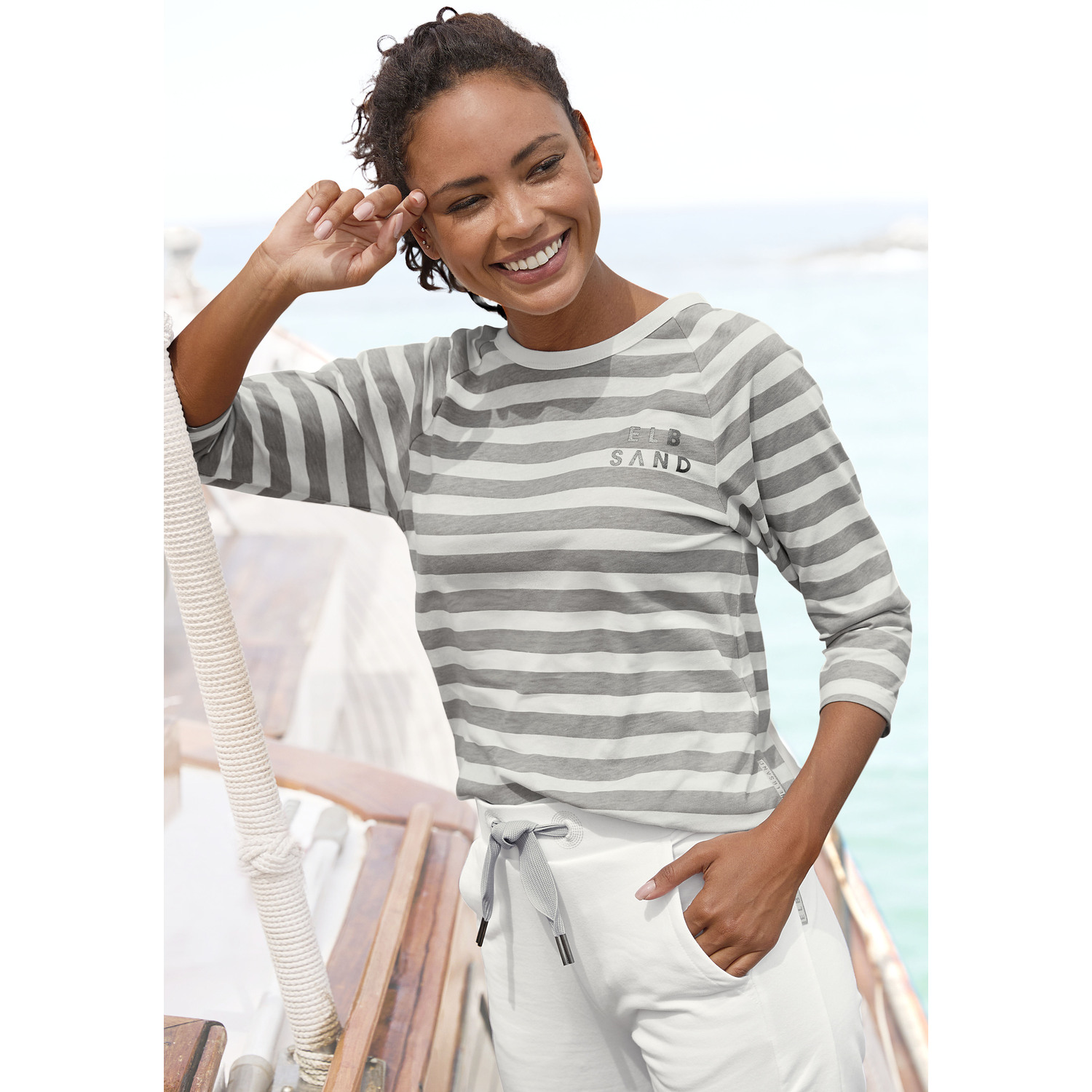 ELBSAND 3/4-Arm-Shirt Damen creme-taupe gestreift Gr.M (38) von ELBSAND