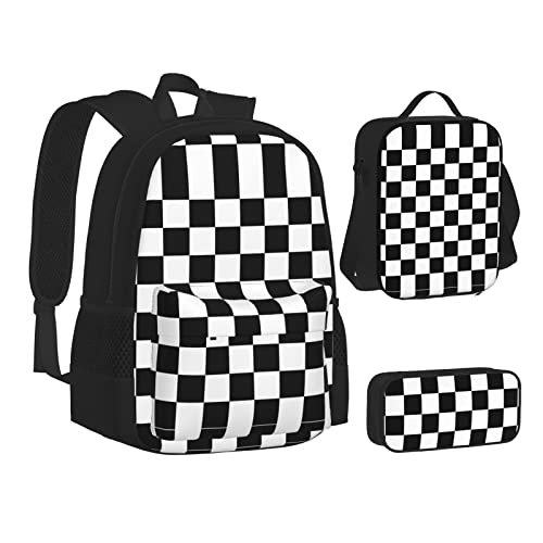 ELBULL Bell Orchidee Schulrucksack Jungen Mädchen Schulbüchertasche Set Schüler Rucksack mit Lunchbox und Federmäppchen, Schwarz-Weiß-kariert, Einheitsgröße, Reiserucksäcke von ELBULL