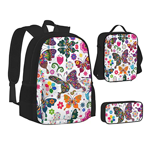 ELBULL Billard Schulrucksack Jungen Mädchen Schule Büchertasche Set Schüler Rucksack mit Lunchbox und Federmäppchen, Bunte Schmetterlinge und Blumen, Einheitsgröße, Reiserucksäcke von ELBULL