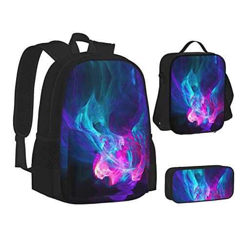 ELBULL Japanische Kirschblumen Schulrucksack Jungen Mädchen Schule Büchertasche Set Schüler Rucksack mit Lunchbox und Federmäppchen, Blau und Pink Fire, Einheitsgröße, Reiserucksäcke von ELBULL