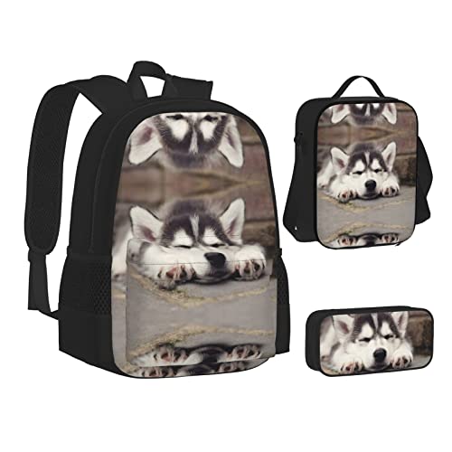 ELBULL Kolibri-Blumen-Schulrucksack für Jungen und Mädchen, Schul-Büchertaschen-Set, Schüler-Rucksack mit Lunchbox und Federmäppchen, Husky-Hund, Einheitsgröße, Reiserucksäcke von ELBULL