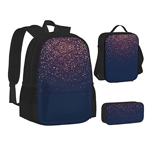 ELBULL Kolibri-Blumen-Schulrucksack für Jungen und Mädchen, Schul-Büchertaschen-Set, Schüler-Rucksack mit Lunchbox und Federmäppchen, Marineblau Himmel und Sterne, Einheitsgröße, Reiserucksäcke von ELBULL