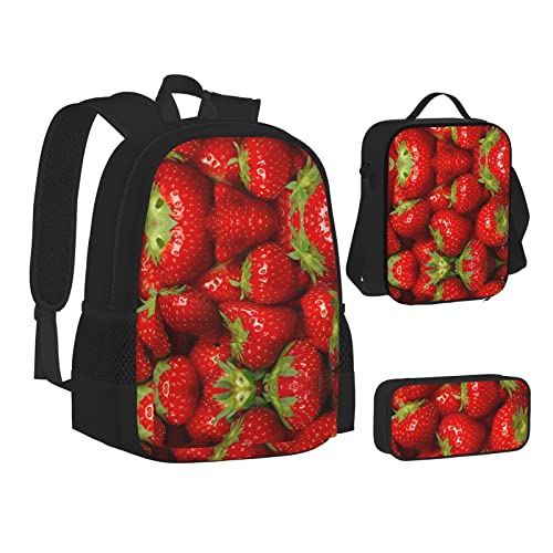 ELBULL Kolibri-Blumen-Schulrucksack für Jungen und Mädchen, Schul-Büchertaschen-Set, Schüler-Rucksack mit Lunchbox und Federmäppchen, Rote Erdbeerfrucht, Einheitsgröße, Reiserucksäcke von ELBULL