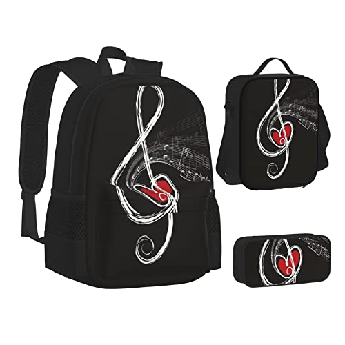 ELBULL Libelle Malerei Schulrucksack Jungen Mädchen Schule Büchertasche Set Schüler Rucksack mit Lunchbox und Federmäppchen, Musik Symbole Liebe, Einheitsgröße, Reiserucksäcke von ELBULL