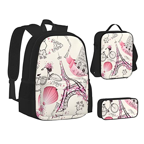 ELBULL Mädchen Tanz Schmetterling Schulrucksack Jungen Mädchen Schule Büchertasche Set Schüler Rucksack mit Lunchbox und Federmäppchen, Romantisches Paris Turmfahrrad, Einheitsgröße, Reiserucksäcke von ELBULL