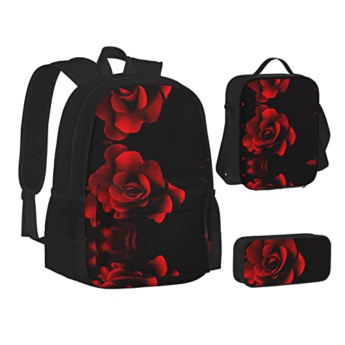 ELBULL Niedlicher Schulrucksack für Jungen und Mädchen, Schulranzen-Set, Schüler-Rucksack mit Lunchbox und Federmäppchen, Rote Rose 2, EinheitsgröÃŸe von ELBULL