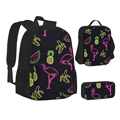 ELBULL Space Planet Schulrucksack Jungen Mädchen Schule Büchertasche Set Schüler Rucksack mit Lunchbox und Federmäppchen, Ananas Banane Flamingo, Einheitsgröße, Reiserucksäcke von ELBULL