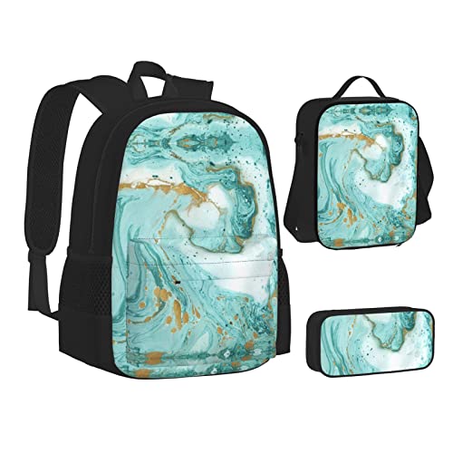 ELBULL Space Planet Schulrucksack Jungen Mädchen Schule Büchertasche Set Schüler Rucksack mit Lunchbox und Federmäppchen, Grüner Marmor, Einheitsgröße, Reiserucksäcke von ELBULL