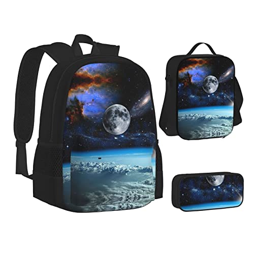 ELBULL Space Planet Schulrucksack Jungen Mädchen Schule Büchertasche Set Schüler Rucksack mit Lunchbox und Federmäppchen, Space Planet, Einheitsgröße, Reiserucksäcke von ELBULL