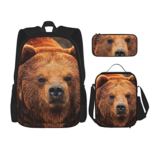 ELBULL Teenager-Rucksack, mit Lunchbox und Federmäppchen, bedruckt, für die Schule, für Mädchen und Jungen, Grizzly Bear, Einheitsgröße von ELBULL