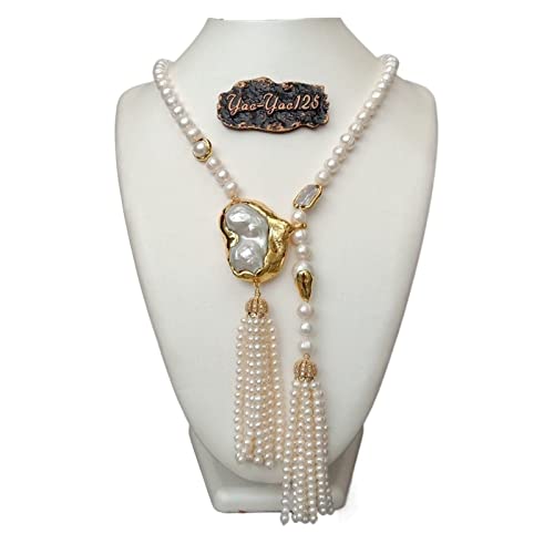 ELCCHRLD Ketten für Damen 10 mm kultivierte weiße weiße Perle asymmetrische Halskette Keshi-Perlen-Anhänger-Halskette Luxus-Stil Hochzeitsschmuck Mode-Accessoires von ELCCHRLD