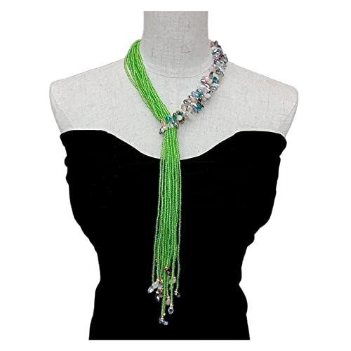 ELCCHRLD Ketten für Damen 15 Reihen 6 x 7 mm grüne Kristallschleife lange asymmetrische Pulloverkette Halskette Lariat Halskette Schmuck Mode-Accessoires von ELCCHRLD