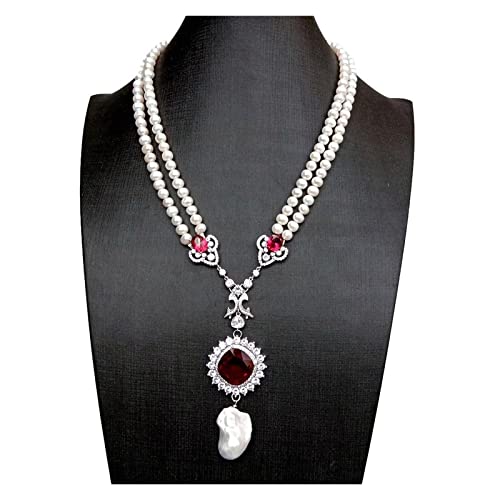 ELCCHRLD Ketten für Damen 2 Reihen Weiße Perlenkette Fuchsia Zirkonia Pave Keshi Pearl Pendant 19inch Mode-Accessoires von ELCCHRLD