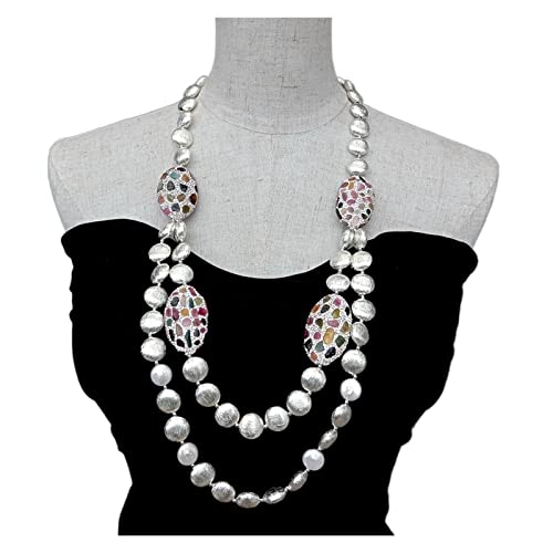 ELCCHRLD Ketten für Damen 2-reihige weiße Süßwasser-Münzen-Perlen-mehrfarbiger Turmalin-Pflaster gebürstete Perlen lange Halskette Mode-Accessoires von ELCCHRLD