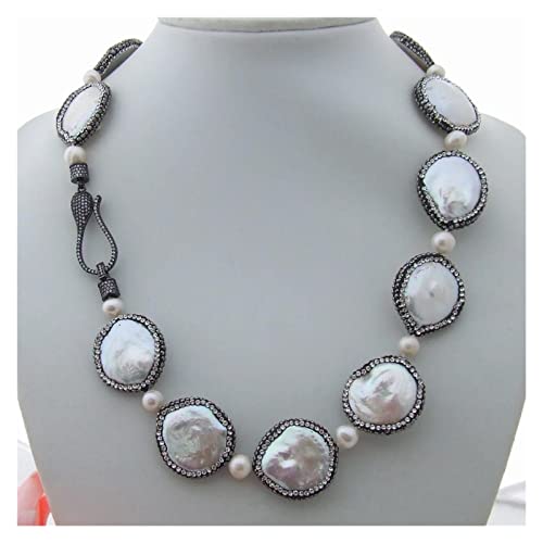 ELCCHRLD Ketten für Damen 20-Zoll-natürliche weiße Münze Süßwasserperle schwarze Macarsite Pave-Halskette handgefertigt Mode-Accessoires von ELCCHRLD