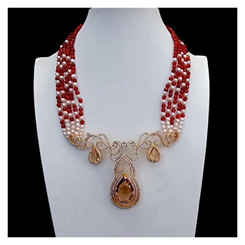 ELCCHRLD Ketten für Damen 5 Reihen kultivierte weiße Perle roter Achat Statement Halskette Pave Big Anhänger Mode-Accessoires von ELCCHRLD