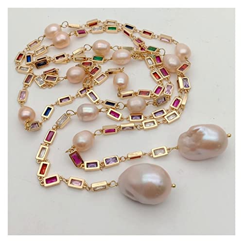 ELCCHRLD Ketten für Damen 50 Zoll kultivierte rosa Keshi-Perlen-Mischfarben-Rechteck pflastern langkettige Halsketten-Partei-Strickjacke-Ketten-Halskette Mode-Accessoires von ELCCHRLD