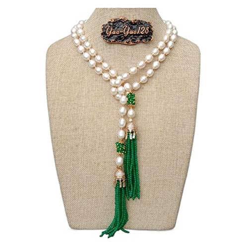ELCCHRLD Ketten für Damen 51 Zoll kultivierte weiße Reis-Perlen-Grün-Jade-Troddel-Pflaster-Anhänger-lange Halskette Mode-Accessoires von ELCCHRLD