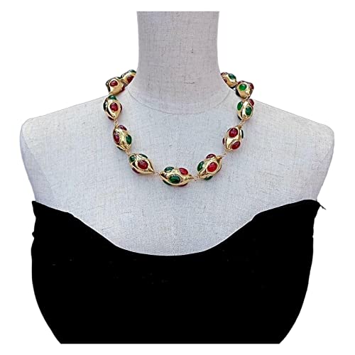 ELCCHRLD Ketten für Damen Grüne rote Achat-Gelbgold-überzogene Olivary-Form-Halsketten-Schmuck-Geschenke Mode-Accessoires von ELCCHRLD