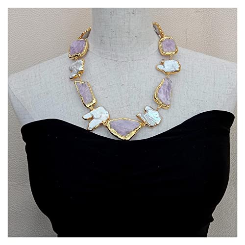 ELCCHRLD Ketten für Damen Halskette kultiviertem weißen Keshi-Perlen-Rosa-Morganit mit galvanisiertem Rand, 22 Zoll Mode-Accessoires von ELCCHRLD