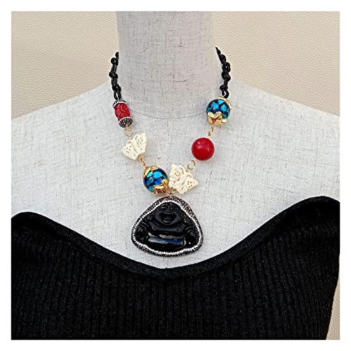 ELCCHRLD Ketten für Damen Halskette mit Muschelanhänger, Murano, rote Koralle, schwarzer Jaspis, Buddha, 17,5 Zoll, religiöser Stil, for Damen Mode-Accessoires von ELCCHRLD