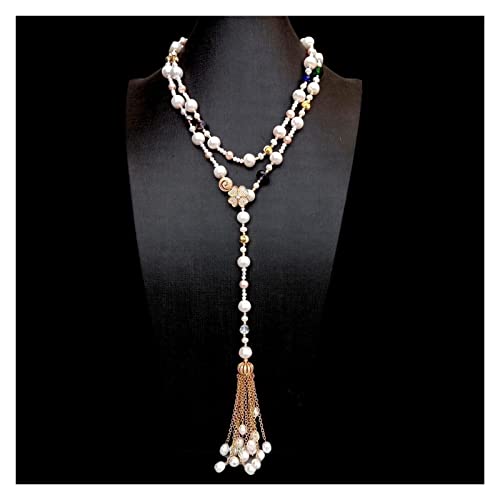 ELCCHRLD Ketten für Damen Kultivierte weiße Perle lange mehrfarbige Kristallquasten-Halskette 41 "Frauen-Strang-Geschenke Mode-Accessoires von ELCCHRLD