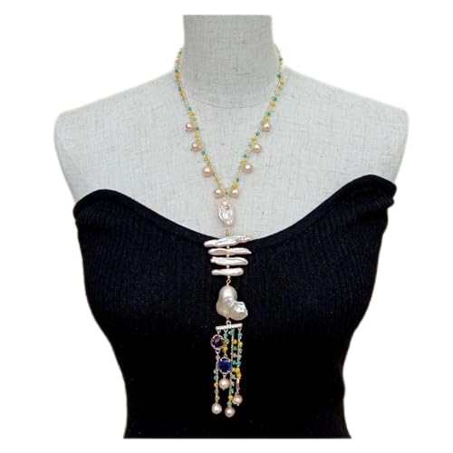 ELCCHRLD Ketten für Damen Natürliche Süßwasser-Rosa-Keshi-Perlen-Biwa-Perlen-Multi-Kristallketten-Halskette 18 Zoll Mode-Accessoires von ELCCHRLD