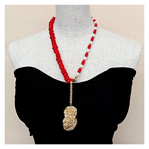ELCCHRLD Ketten für Damen Rote Koralle, kultivierte weiße Perlenkette, vergoldete Rose, Wüstenanhänger, 21 Zoll Mode-Accessoires von ELCCHRLD