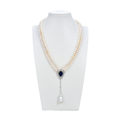 ELCCHRLD Ketten für Damen Schmuck 20 Zoll 2 Stränge weiße Perlenkette blauer Herzanhänger erfüllen Mode-Accessoires von ELCCHRLD