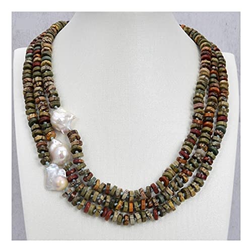 ELCCHRLD Ketten für Damen Schmuck 22 Zoll 3 Reihen kultivierte weiße Keshi-Perlen-mehrfarbige rote Nebenfluss-Jaspis-Halskette erfüllen Mode-Accessoires von ELCCHRLD