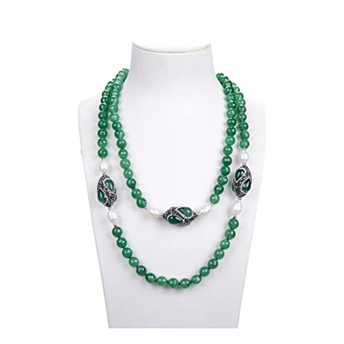 ELCCHRLD Ketten für Damen Schmuck 48 Zoll grüner Achat natürliche weiße Reis-Perlen-Halskette for Frauen-Dame-Geschenk erfüllen Mode-Accessoires von ELCCHRLD