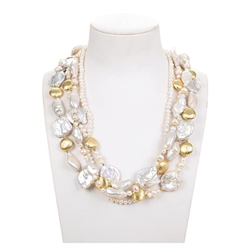 ELCCHRLD Ketten für Damen Schmuck Natürliche Perle 4 Reihen Weiß Keshi Barock Münze Perle Weiße Biwa Perle Münze Halskette erfüllen Mode-Accessoires von ELCCHRLD