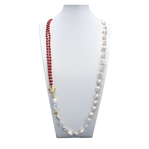ELCCHRLD Ketten für Damen Schmuck natürliche weiße Blume Perle rote Koralle Pave barocke Perle Pullover Kette lange Halskette handgefertigt for Frauen erfüllen Mode-Accessoires von ELCCHRLD