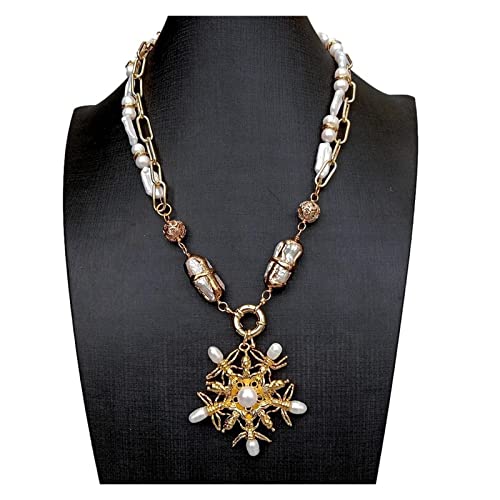 ELCCHRLD Ketten für Damen Süßwasserperle, weiße Biwa-Perle, vergoldete Halskette, Perlen-Insektenanhänger, 20 Zoll Mode-Accessoires von ELCCHRLD