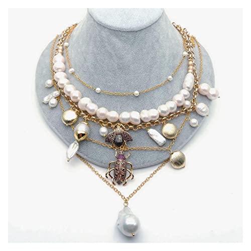 ELCCHRLD Ketten für Damen Weiße Perle Insektenkette Multi-Layer-Charme-Statement-Halskette im Hiphop-Stil Mode-Accessoires von ELCCHRLD
