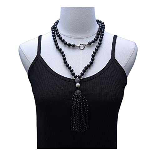 ELCCHRLD Schmuck 40 Zoll 9-10 mm natürliche schwarze runde Perlenkette Pave Connector Pendant Black Pearl Quasten Halskette for Frauen erfüllen von ELCCHRLD