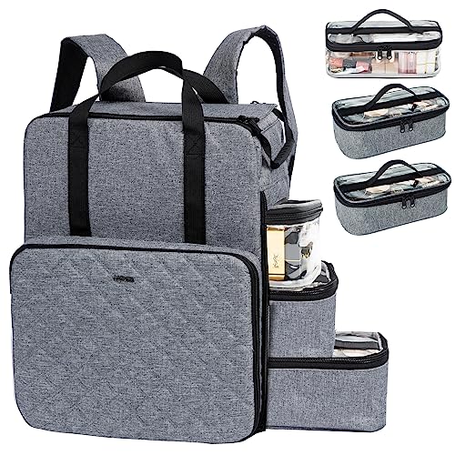 ELCUPA Make-up-Rucksack, Kosmetiktasche mit 3 abnehmbaren Hüllen, doppelte Make-up-Tasche mit Schultergurten und Griff, große Kapazität, Reise-Make-up-Tasche Organizer, GRAU von ELCUPA