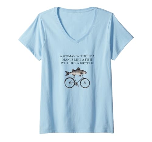Damen Eine Frau ohne Mann ist wie EIN Fisch ohne Fahrrad T-Shirt mit V-Ausschnitt Damen Eine Frau ohne Mann ist wie EIN Fisch ohne Fahrrad T-Shirt mit V-Ausschnitt von ELDA DESIGN