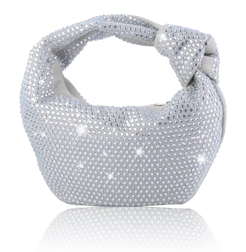 ELDA Geknotete Handtasche für Damen, klein, glitzernd, Strass, Designer-Handtasche, Hobo-Knödeltasche, Glitzer, Abend-Clutch, Cremeweiß, Small, Geknotete Handtasche von ELDA