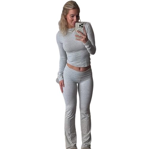 ELDEMA Baumwoll-Lounge-Set, zweiteiliges, weiches, bequemes Lounge-Sweatsuit-Set für Damen, Pyjama-Loungewear-Set aus Baumwolloberteil und -Hose (L,Graues Langarm-Set) von ELDEMA