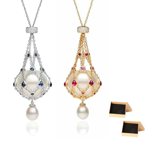 ELDEMA Perlen- und Edelstein-Lavalier-Anhänger, 925er-Sterlingsilber-Perlenkäfig-Halskette, natürliche Perlen-Zirkon-Anhänger-Halsketten, geflochtene Perlenhalter-Halskette aus Metallgeflecht (2Stk) von ELDEMA